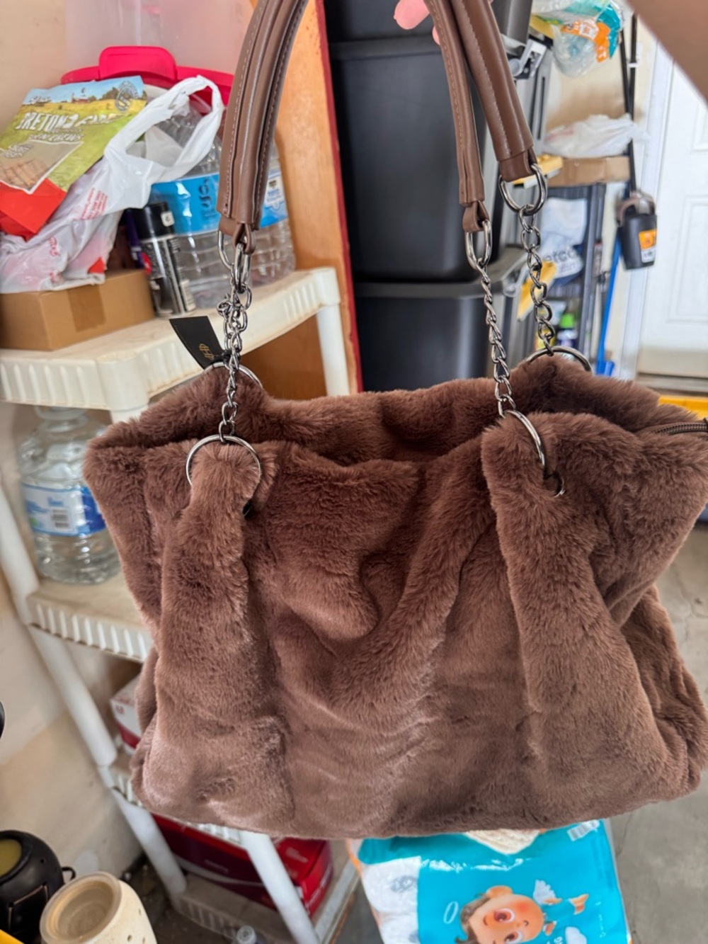 House of Harlow 1960 Plush Brown Faux-Fur Hobo with Chain Accents New